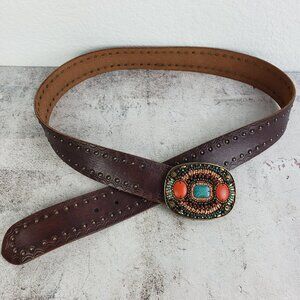 Vintage Lucky Brand Leather Belt Brown Studded Bohemian Beaded Buckle Western L